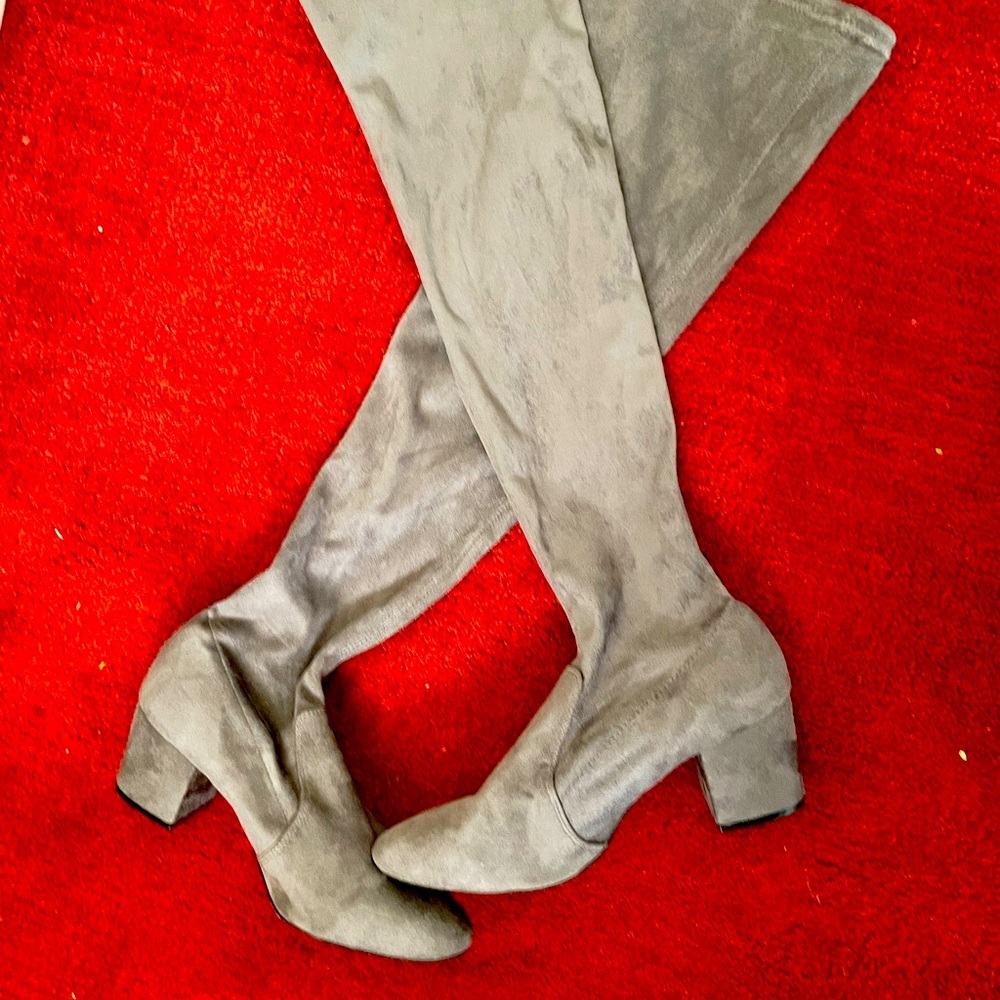 Gray suede-like thigh high boots size 10, like new 2 inch heel, easy on, tie top
